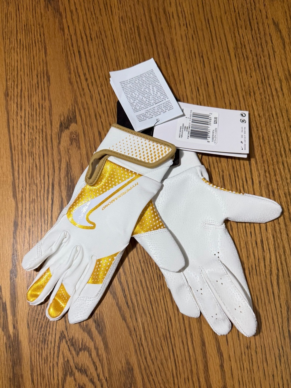 White and Gold Youth Batting Gloves with Nike Swoosh Size Small NWT